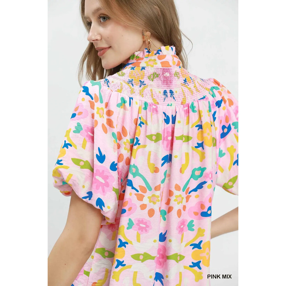 Umgee Folk Art Print Top with Smocked Detail - Picture 3 of 5